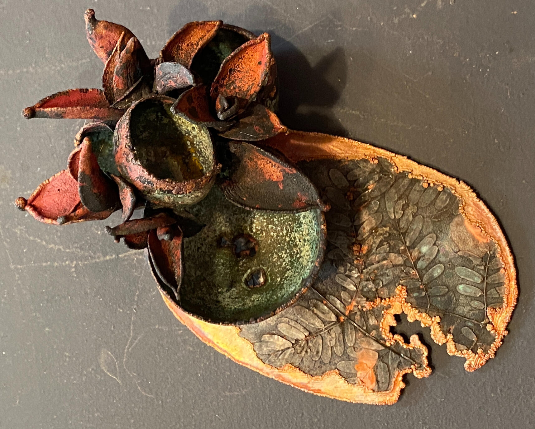 copper and shibuichi alloy casting of paloverde leaves and agave with 4 nests