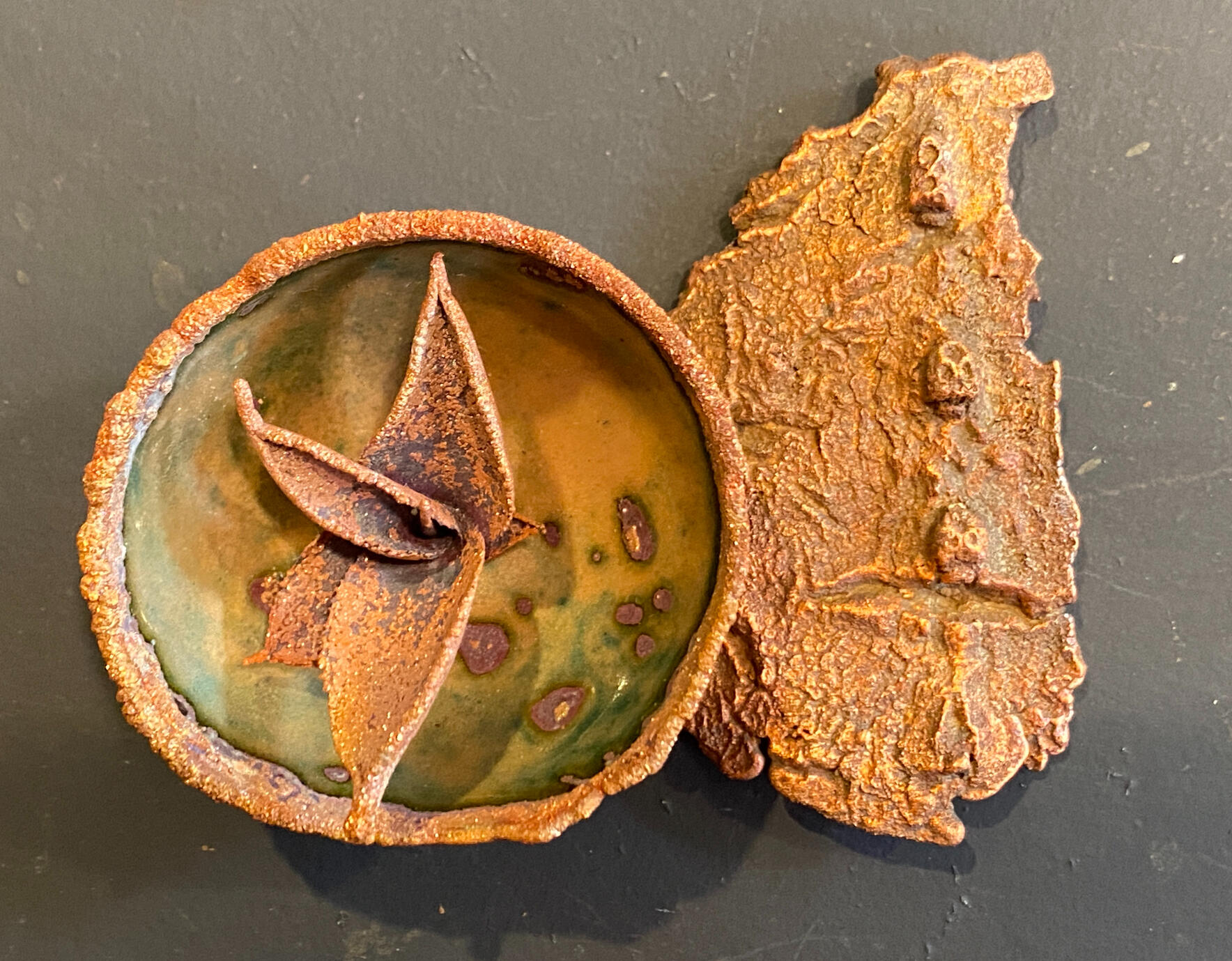 nest vessel with cast agave and saguaro bark. glass enamel and electroform