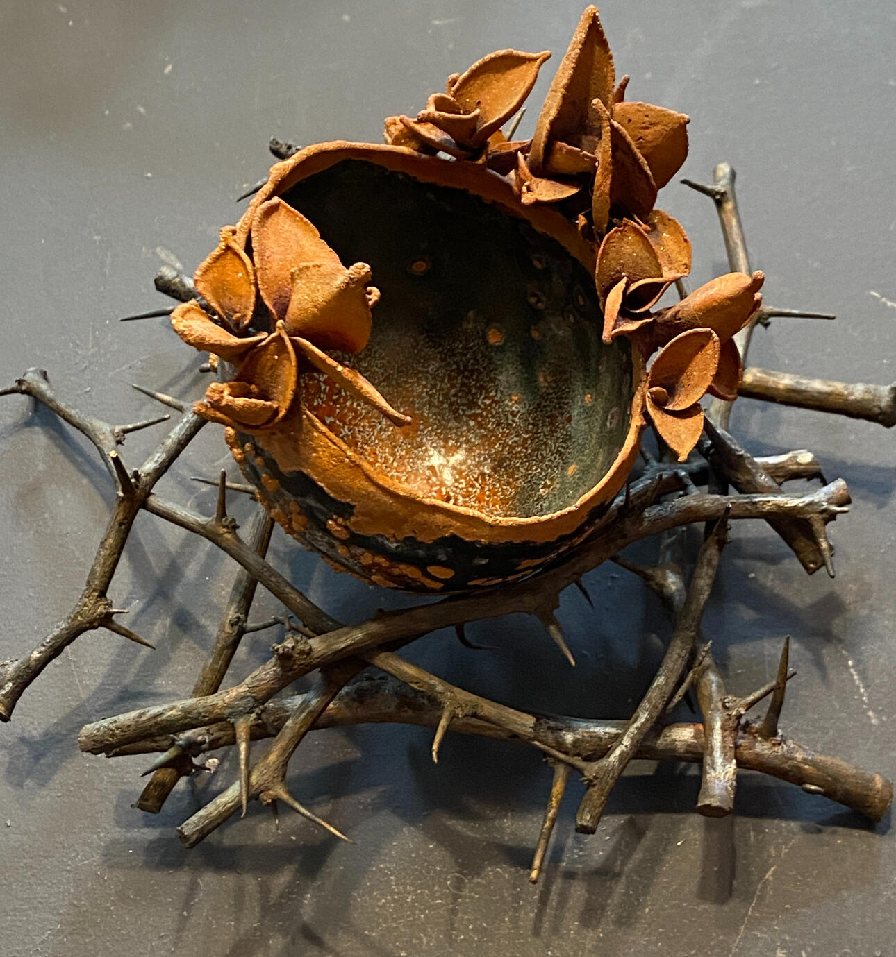 cast bronze mesquite branches with agave nest